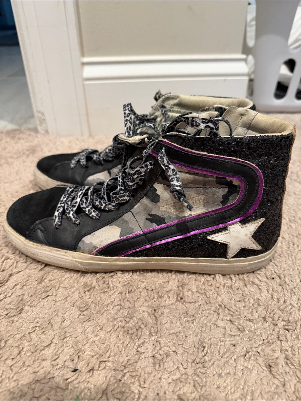 Golden Goose Women’s  High-Top Sneakers in Black with Purple Trim